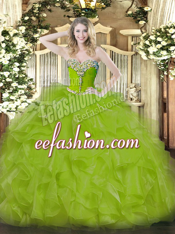  Olive Green Sweet 16 Dresses Military Ball and Sweet 16 and Quinceanera with Beading and Ruffles Sweetheart Sleeveless Lace Up