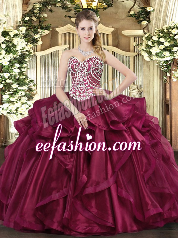 Inexpensive Organza Sweetheart Sleeveless Lace Up Beading and Ruffles Quinceanera Dress in Wine Red