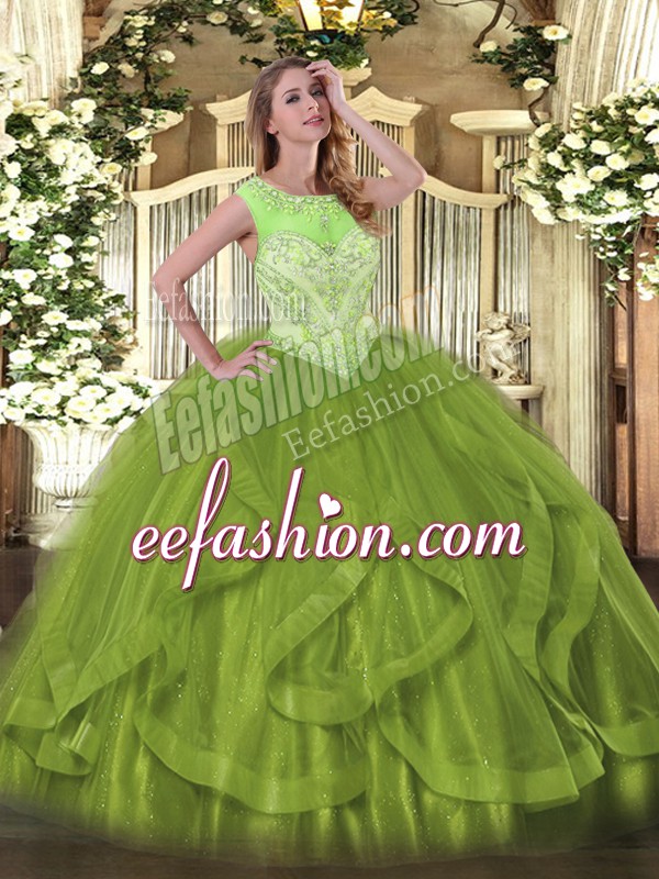  Olive Green Ball Gowns Tulle Scoop Sleeveless Beading and Ruffles Floor Length Lace Up Ball Gown Prom Dress