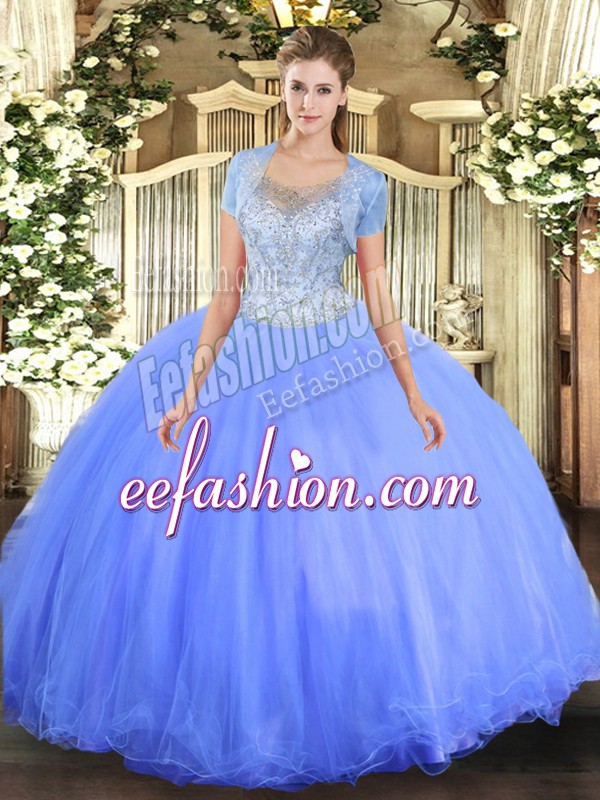  Blue Ball Gowns Tulle Scoop Sleeveless Beading Floor Length Clasp Handle Quince Ball Gowns