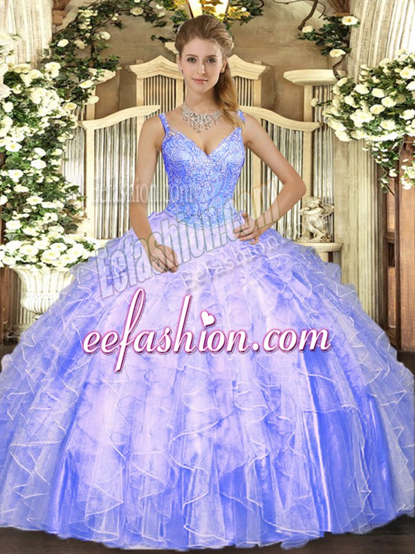 Suitable Floor Length Ball Gowns Sleeveless Lavender Quinceanera Gowns Lace Up