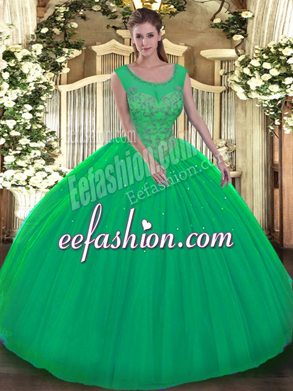 Stunning Green Sleeveless Floor Length Beading Backless Sweet 16 Quinceanera Dress