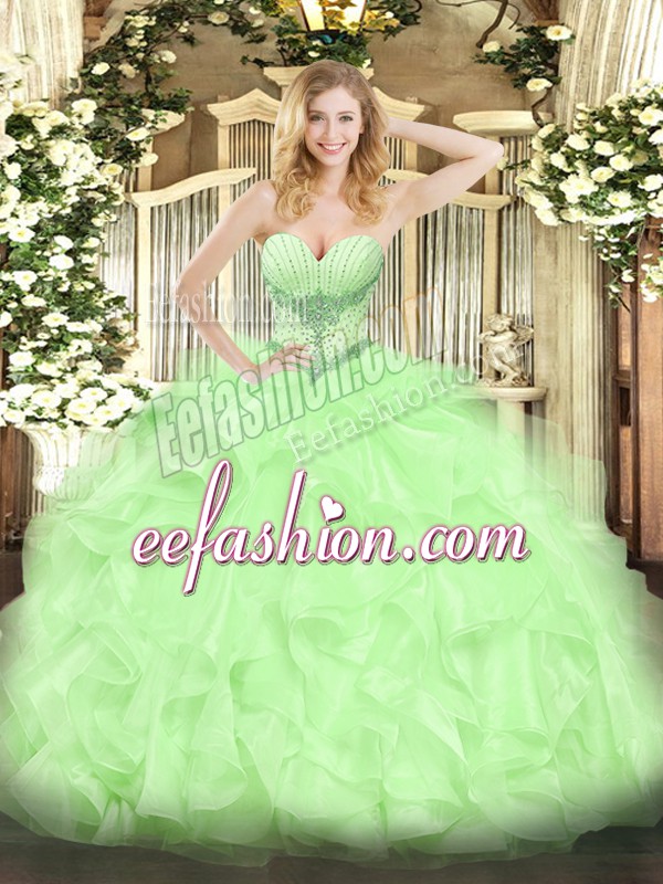  Yellow Green Lace Up Quince Ball Gowns Beading and Ruffles Sleeveless High Low