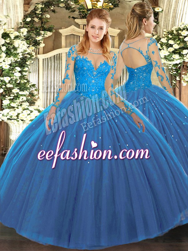  Teal Ball Gowns Scoop Long Sleeves Tulle Floor Length Lace Up Lace Quinceanera Dresses