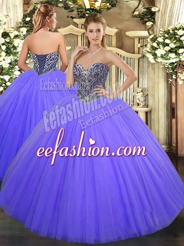  Tulle Sweetheart Sleeveless Lace Up Beading Ball Gown Prom Dress in Lavender