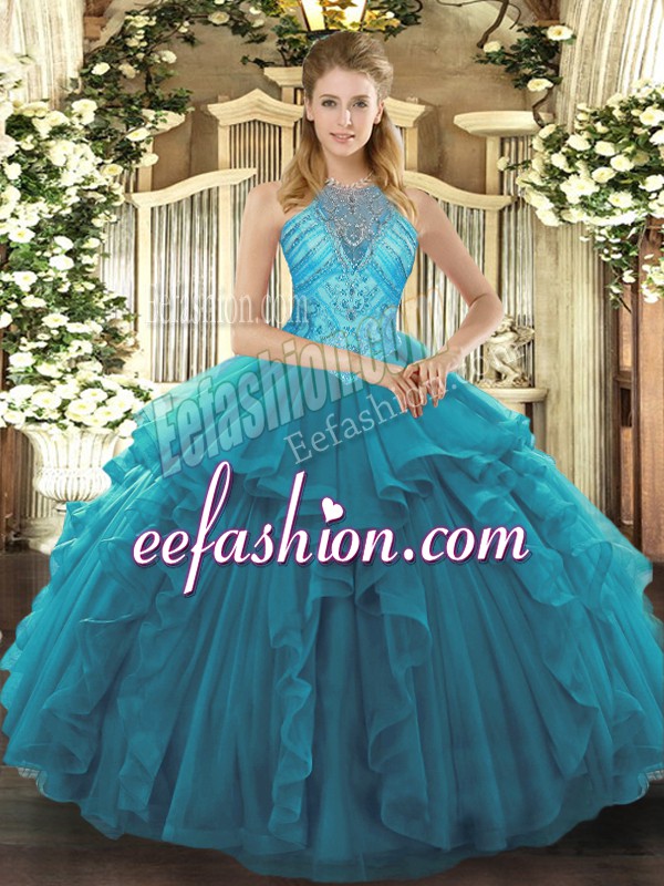 High End Teal Organza Lace Up Quinceanera Gown Sleeveless Asymmetrical Beading and Ruffles