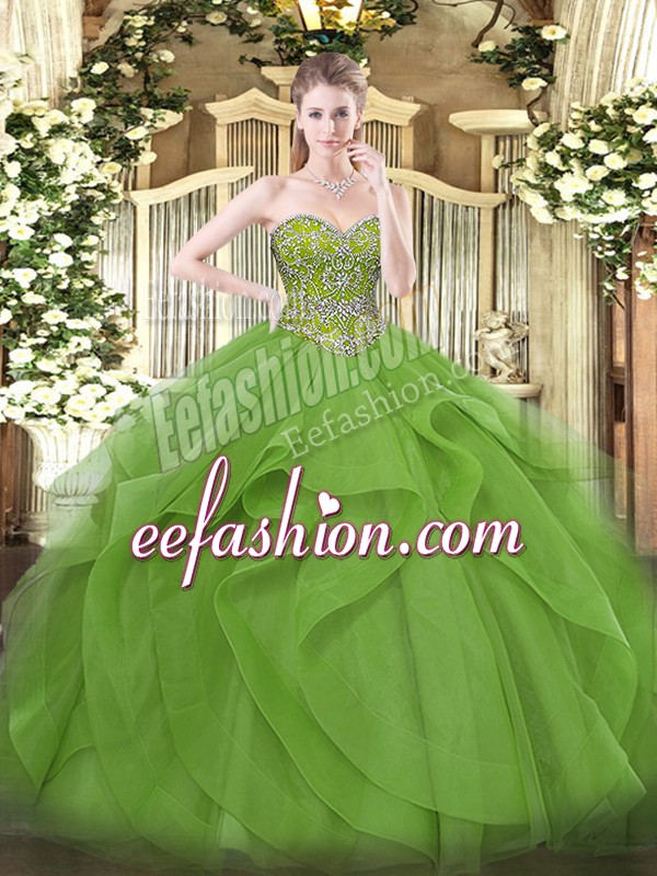  Beading and Ruffles Vestidos de Quinceanera Olive Green Lace Up Sleeveless Floor Length