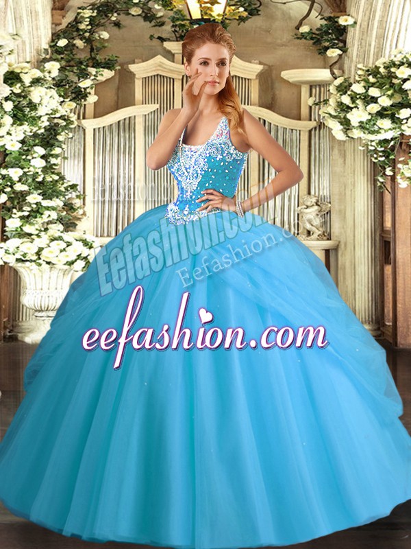 Suitable Ball Gowns 15th Birthday Dress Aqua Blue Straps Tulle Sleeveless Floor Length Lace Up