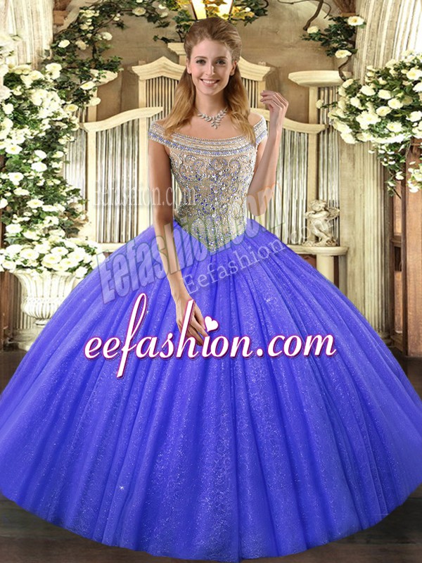 Beautiful Sleeveless Floor Length Beading Lace Up 15 Quinceanera Dress with Blue