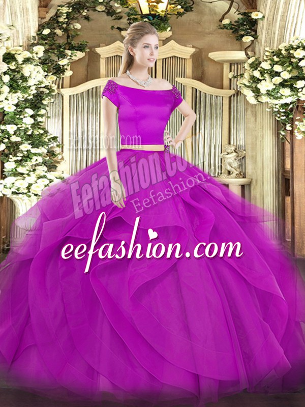  Tulle Off The Shoulder Short Sleeves Zipper Appliques and Ruffles Ball Gown Prom Dress in Fuchsia