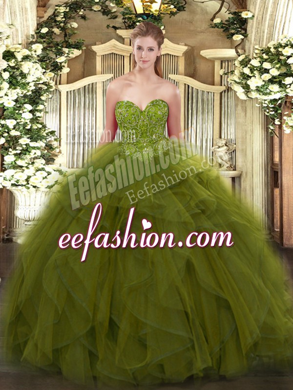Sweet Olive Green Sweetheart Lace Up Beading Quinceanera Dresses Sleeveless