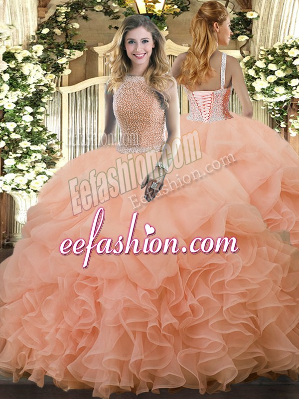  Peach Vestidos de Quinceanera Military Ball and Sweet 16 and Quinceanera with Beading and Ruffles and Pick Ups High-neck Sleeveless Lace Up