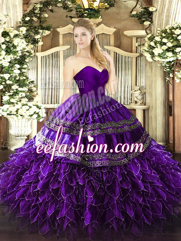  Purple Organza and Taffeta Zipper Quinceanera Gowns Sleeveless Floor Length Embroidery and Ruffles