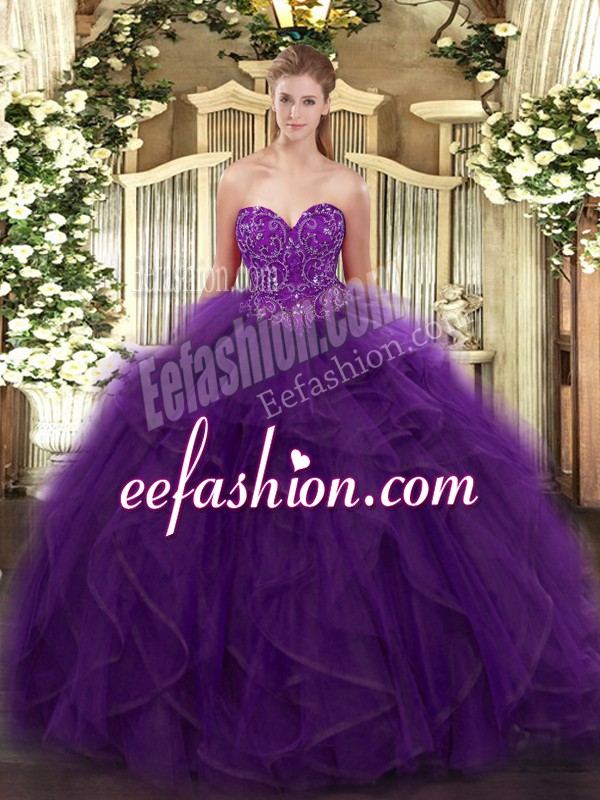  Purple Ball Gowns Ruffles Quinceanera Dress Lace Up Organza Sleeveless Floor Length