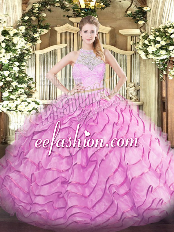  Rose Pink Scoop Zipper Lace and Ruffled Layers Quinceanera Dress Brush Train Sleeveless