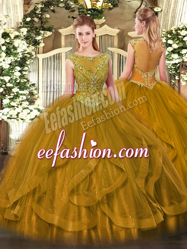  Brown Sleeveless Tulle Zipper Quinceanera Dresses for Sweet 16 and Quinceanera