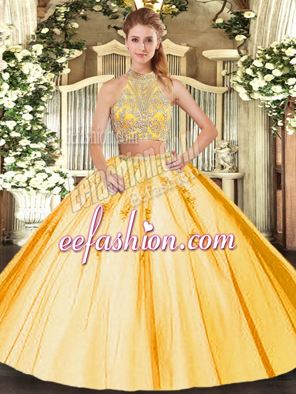 Fantastic Gold Two Pieces Halter Top Sleeveless Tulle Floor Length Criss Cross Beading and Appliques Sweet 16 Dress