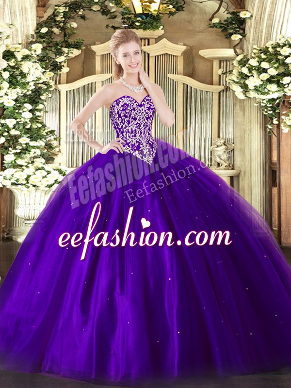 Sweet Floor Length Lace Up Ball Gown Prom Dress Purple for Military Ball and Sweet 16 and Quinceanera with Beading