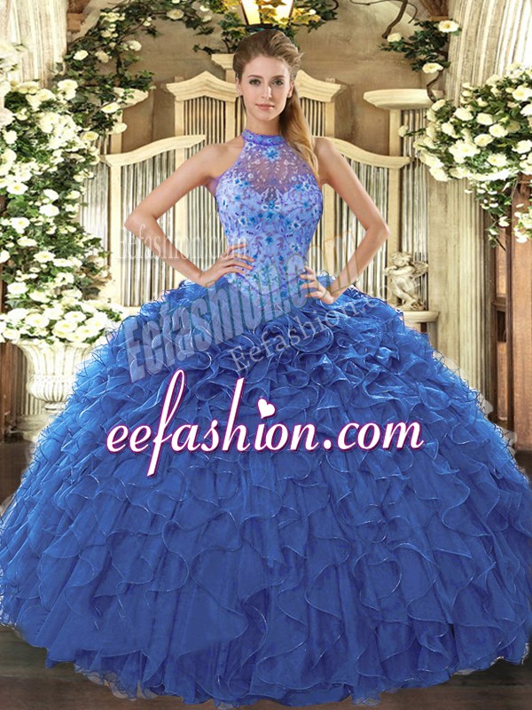  Floor Length Lace Up 15th Birthday Dress Blue for Sweet 16 and Quinceanera with Beading and Embroidery and Ruffles
