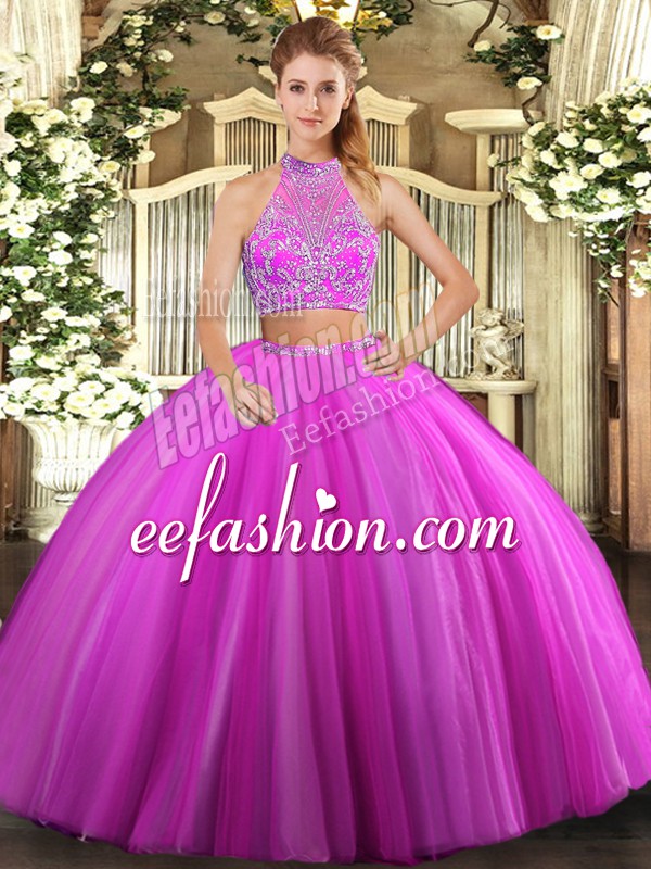  Sleeveless Tulle Floor Length Criss Cross Ball Gown Prom Dress in Fuchsia with Beading