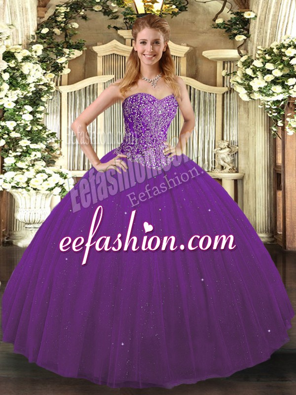  Floor Length Lace Up Quinceanera Gowns Purple for Military Ball and Sweet 16 and Quinceanera with Beading