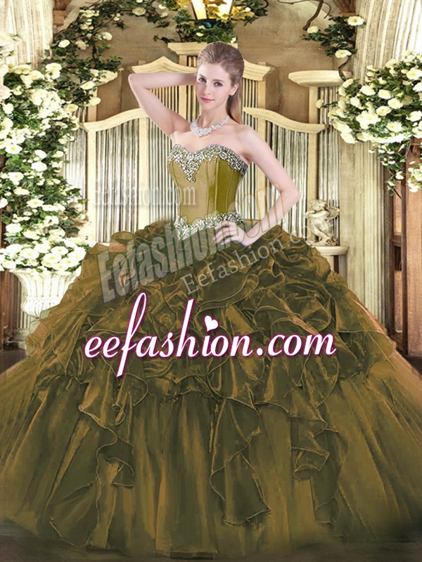  Olive Green Ball Gowns Sweetheart Sleeveless Organza Floor Length Lace Up Beading and Ruffles Quince Ball Gowns