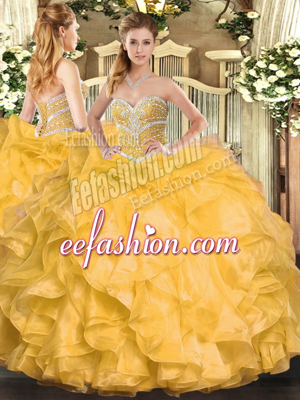 Comfortable Gold Ball Gowns Sweetheart Sleeveless Organza Floor Length Lace Up Beading and Ruffles Sweet 16 Quinceanera Dress