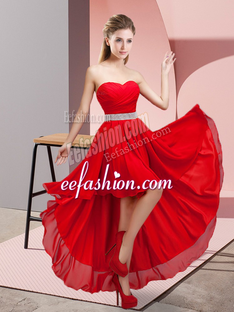  Wine Red A-line Sweetheart Sleeveless Chiffon High Low Lace Up Beading Prom Dress