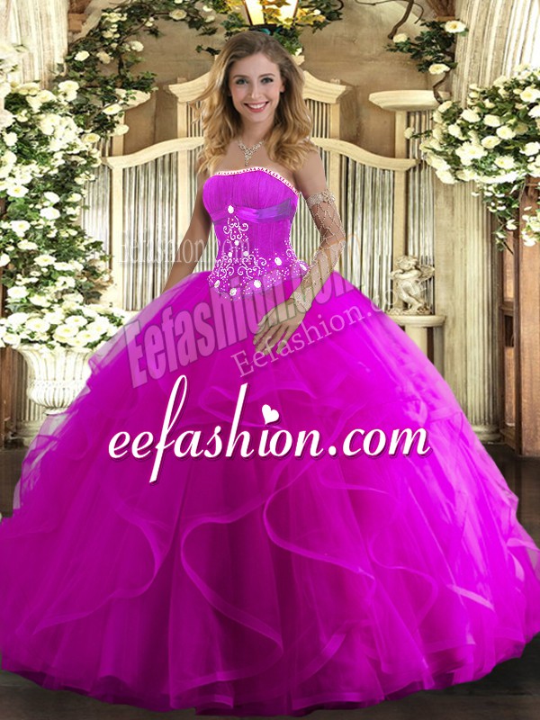 Gorgeous Fuchsia Ball Gowns Strapless Sleeveless Tulle Floor Length Lace Up Beading and Ruffles Sweet 16 Dress
