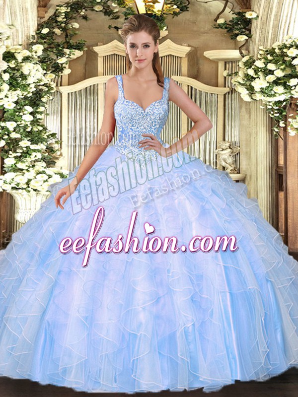 Simple Floor Length Light Blue Quince Ball Gowns Straps Sleeveless Lace Up