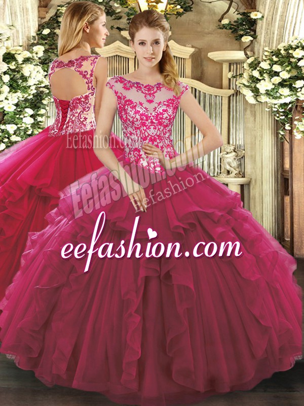 Sexy Fuchsia Ball Gowns Scoop Sleeveless Organza Floor Length Lace Up Beading and Ruffles Ball Gown Prom Dress