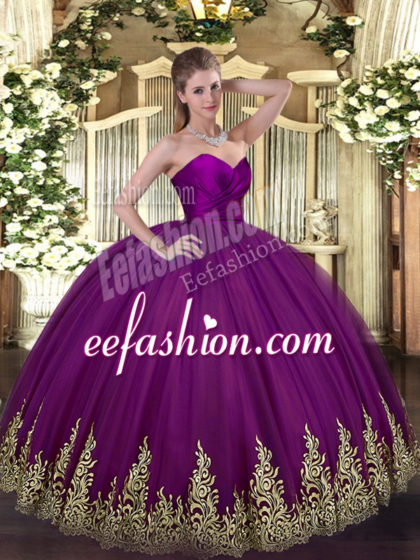  Purple Zipper Sweetheart Appliques Quinceanera Dresses Tulle Sleeveless