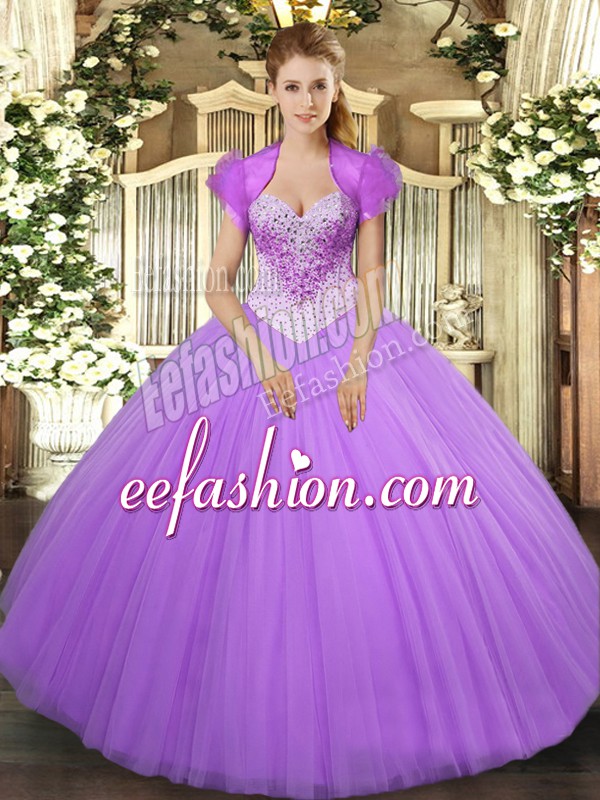 Stylish Floor Length Lavender Quinceanera Gown Tulle Sleeveless Beading
