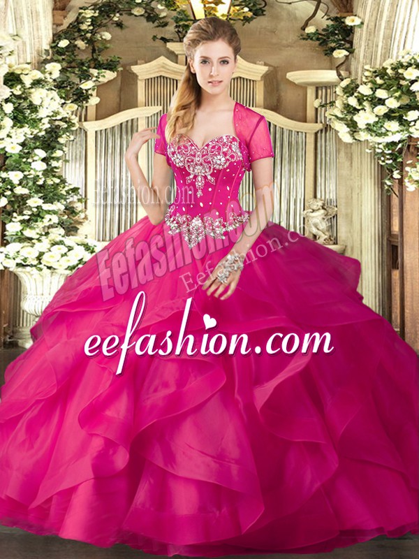  Hot Pink Tulle Lace Up 15 Quinceanera Dress Sleeveless Floor Length Beading and Ruffles