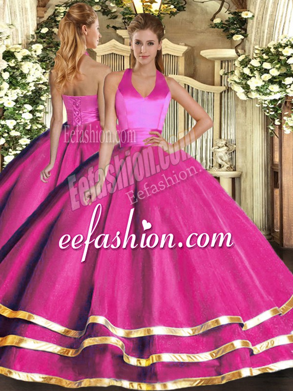 Popular Sleeveless Tulle Floor Length Lace Up Sweet 16 Dress in Fuchsia with Ruffled Layers