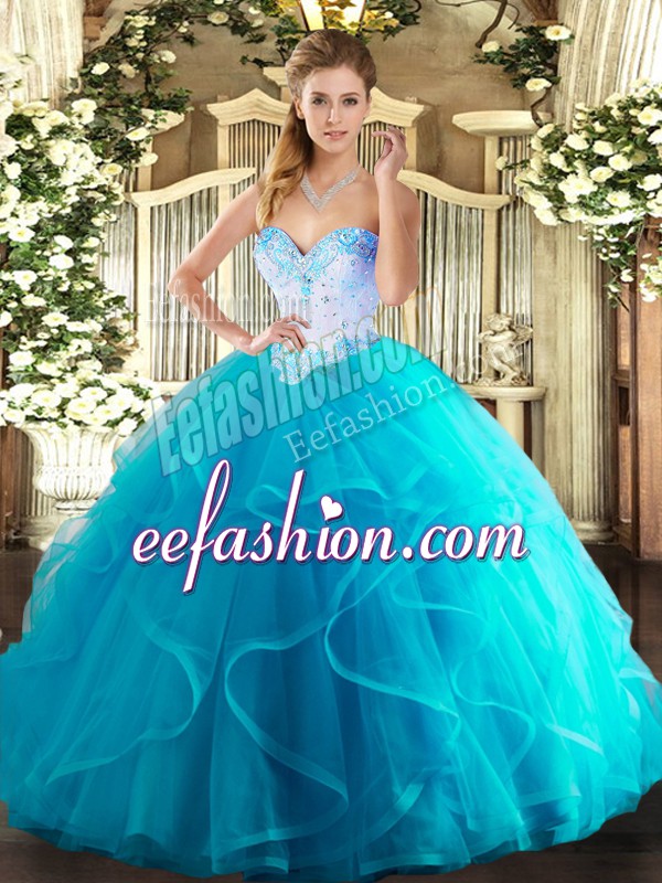 Cute Aqua Blue Sweetheart Neckline Beading and Ruffles 15 Quinceanera Dress Sleeveless Lace Up