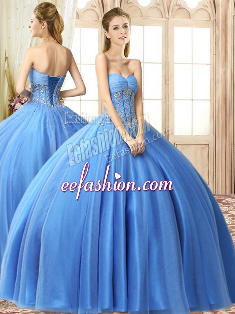 Customized Floor Length Baby Blue 15th Birthday Dress Sweetheart Sleeveless Lace Up