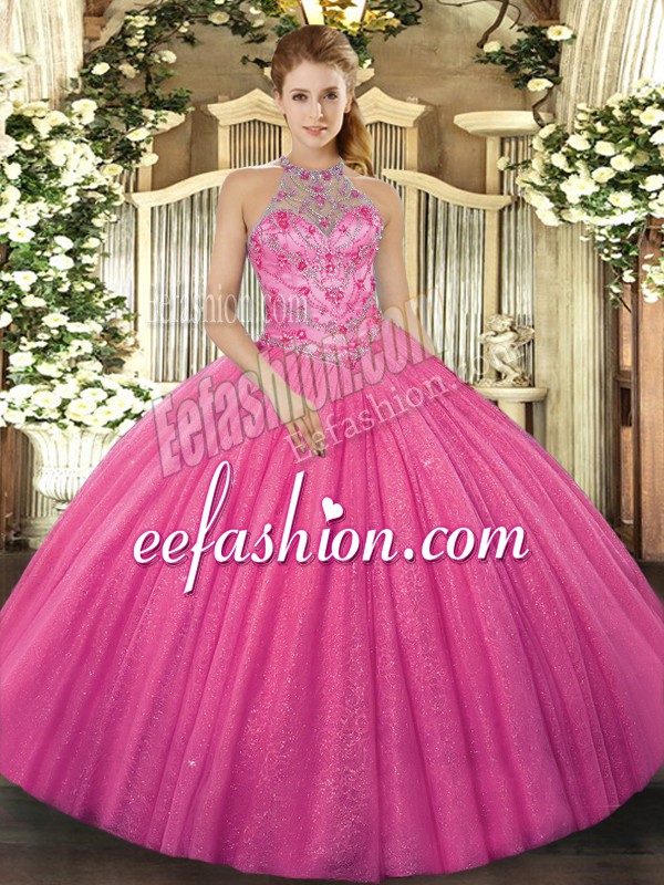 Custom Design Beading and Embroidery Quinceanera Gowns Hot Pink Lace Up Sleeveless Floor Length
