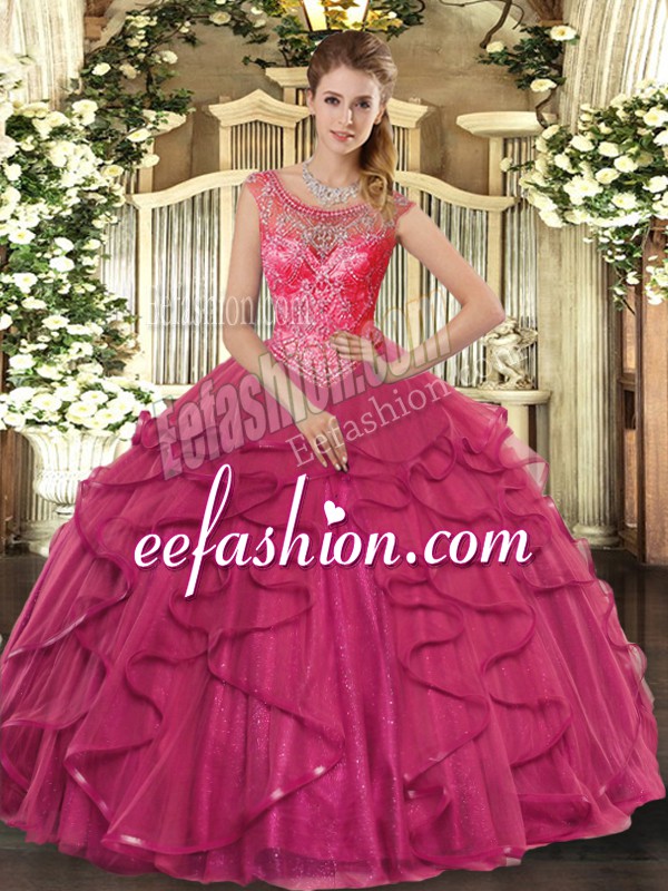  Tulle Scoop Sleeveless Lace Up Beading and Ruffles Vestidos de Quinceanera in Hot Pink