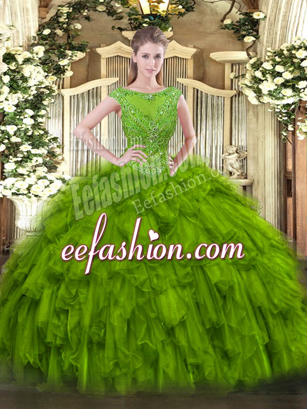  Olive Green Organza Zipper Scoop Sleeveless Floor Length Sweet 16 Dresses Beading and Ruffles