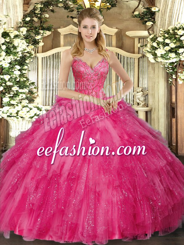 Admirable Floor Length Hot Pink Sweet 16 Dress V-neck Sleeveless Lace Up