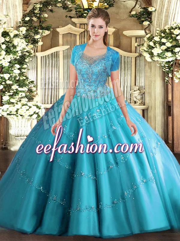 Great Floor Length Ball Gowns Sleeveless Aqua Blue Quince Ball Gowns Clasp Handle