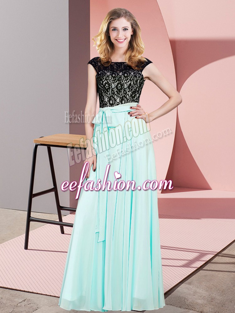 Modest Sleeveless Floor Length Lace Lace Up Prom Party Dress with Aqua Blue