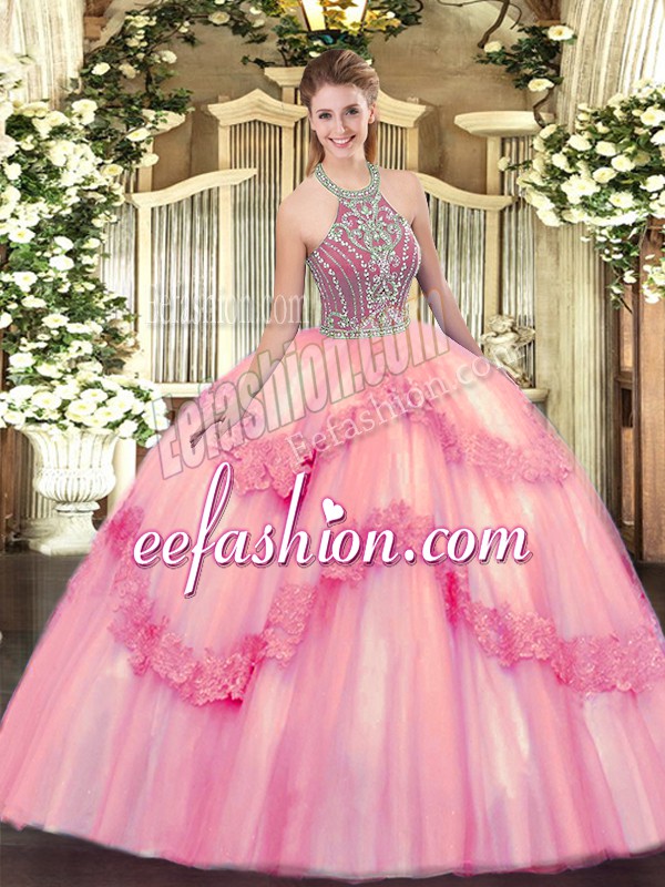  Halter Top Sleeveless Lace Up Quince Ball Gowns Baby Pink Tulle
