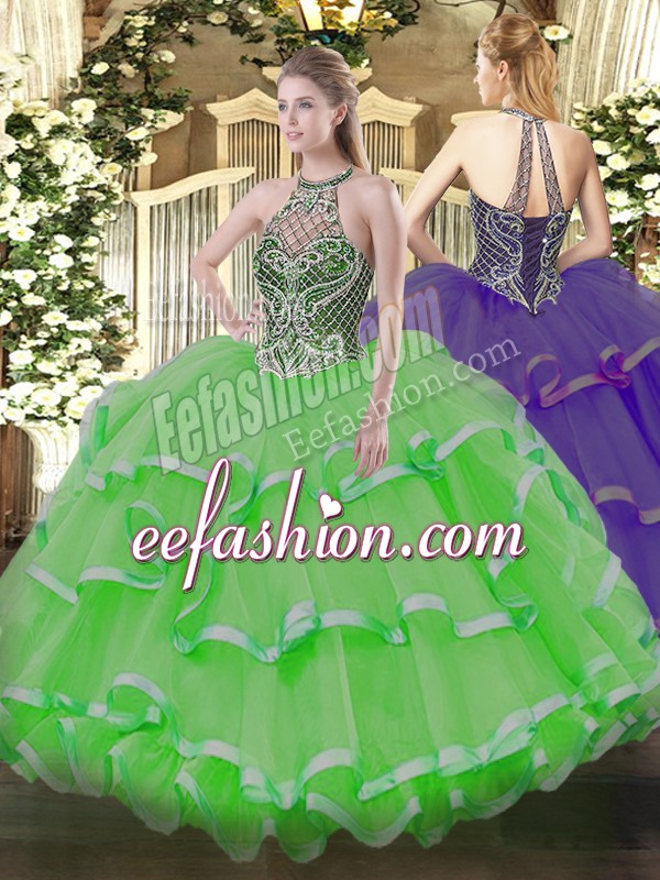 Customized Organza Sleeveless Floor Length 15 Quinceanera Dress and Beading and Ruffles
