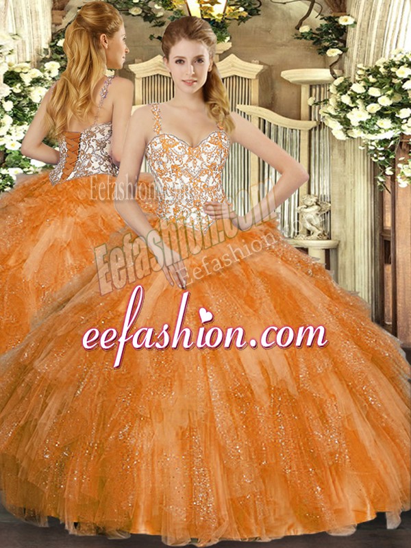  Orange Sleeveless Floor Length Beading and Ruffles Lace Up Quinceanera Gown