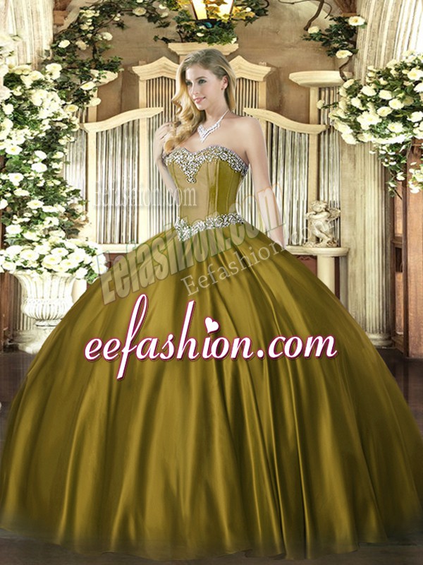 Admirable Brown Ball Gowns Beading Quince Ball Gowns Lace Up Satin Sleeveless Floor Length