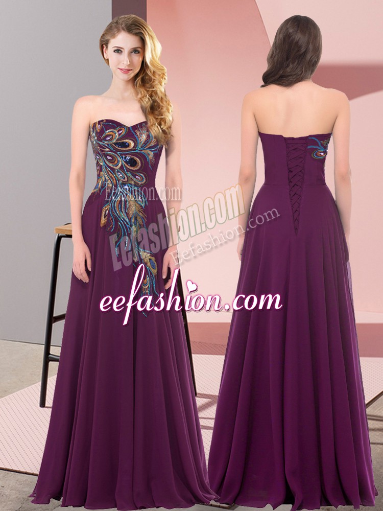  Sweetheart Sleeveless Prom Dress Floor Length Embroidery Dark Purple Chiffon