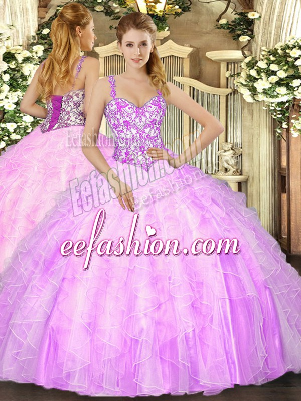 Pretty Lilac Sleeveless Beading and Ruffles Floor Length 15 Quinceanera Dress