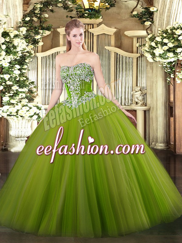 Unique Olive Green Strapless Neckline Beading Quince Ball Gowns Sleeveless Lace Up